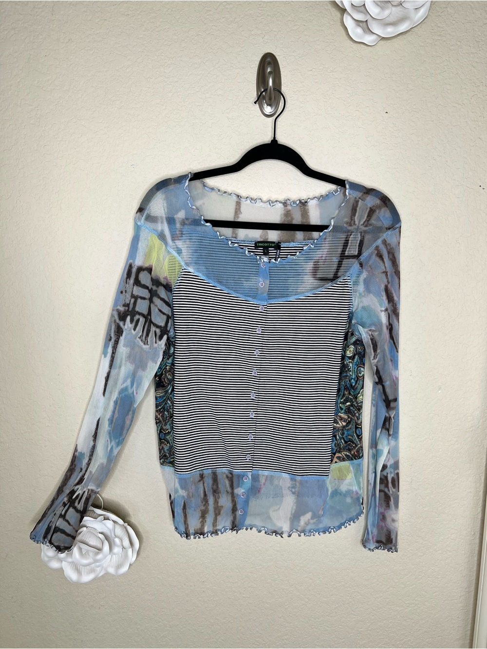 NTM: Tricotto Sheer Mesh Mixed Print Striped Paisley Y2K Top Blue L